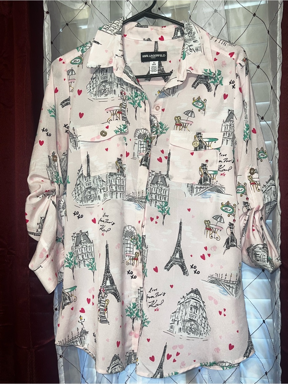 Karl Lagerfeld Light Pink Paris-Print Button Down Shirt